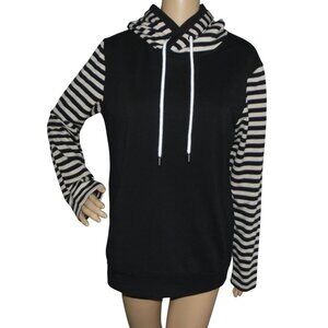 Jamby Styles Hooded Sweatshirt Womens Medium black white striped Hoodie pockets